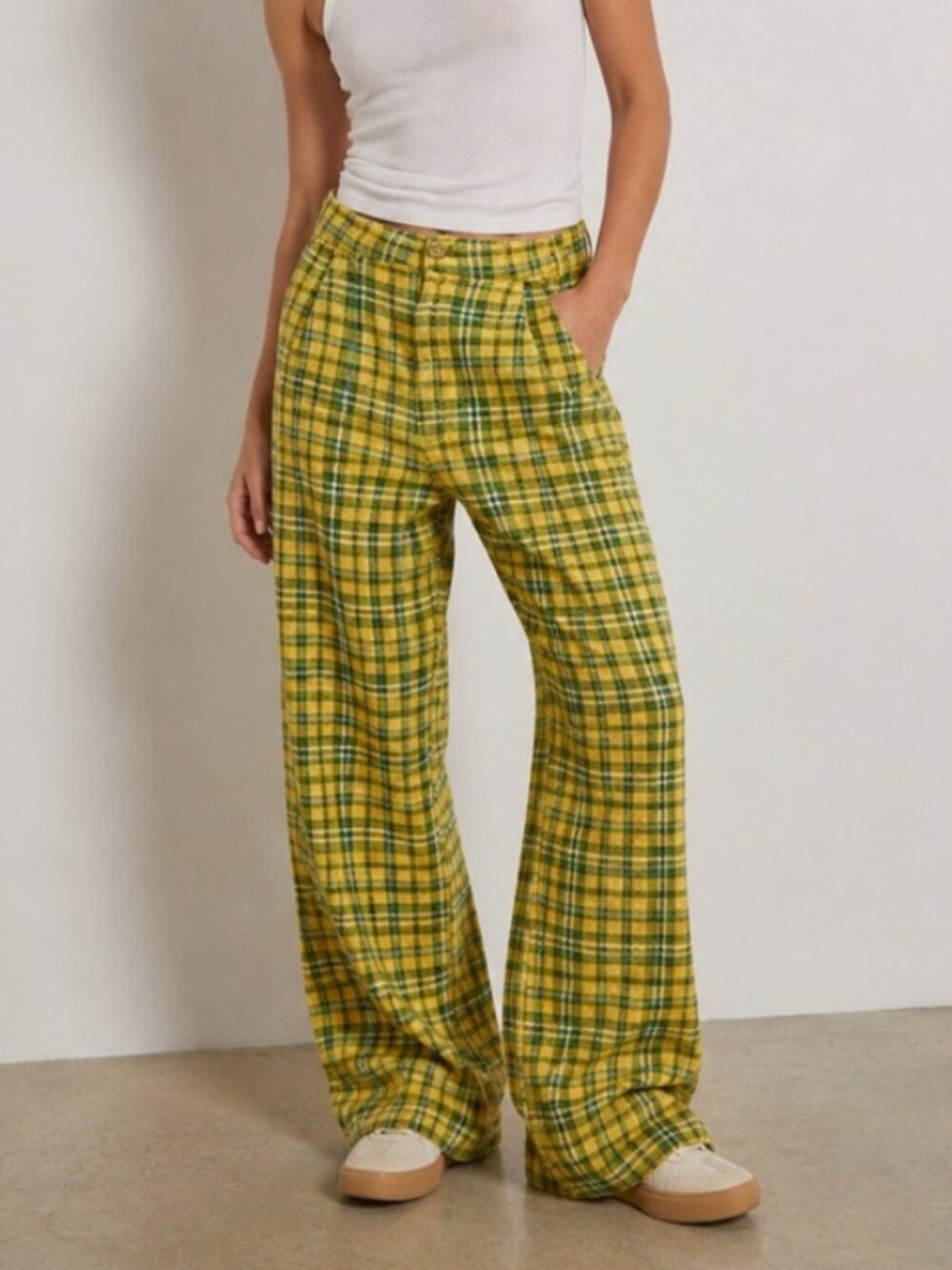 Free People Shape Up Trouser Pant Green/Yellow Plaid Combo - Size 2